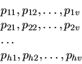 \begin{displaymath}\begin{array}{l}
p_{11}, p_{12}, \dots, p_{1v} \\
p_{21}, p_...
... p_{2v} \\
\dots \\
p_{h1}, p_{h2}, \dots, p_{hv}
\end{array}\end{displaymath}